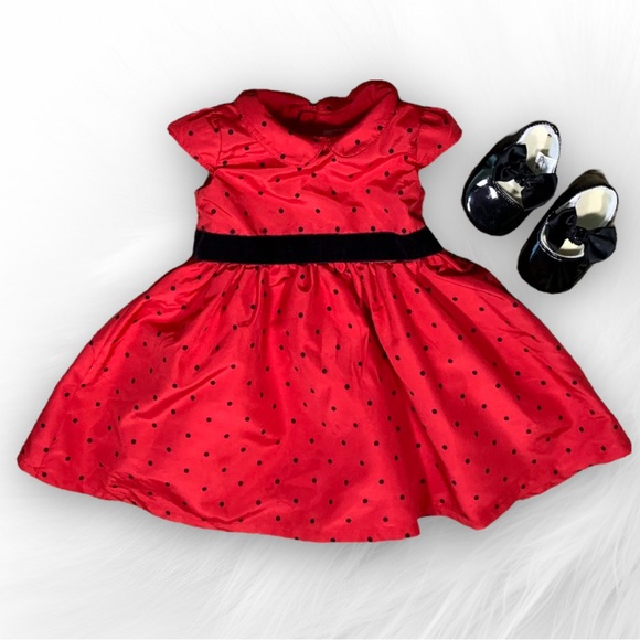 Carter's Other - Carter’s 6M Red & Black Polka Dot Dress Velvet Waist & Black Bow Shoes 6-12 M